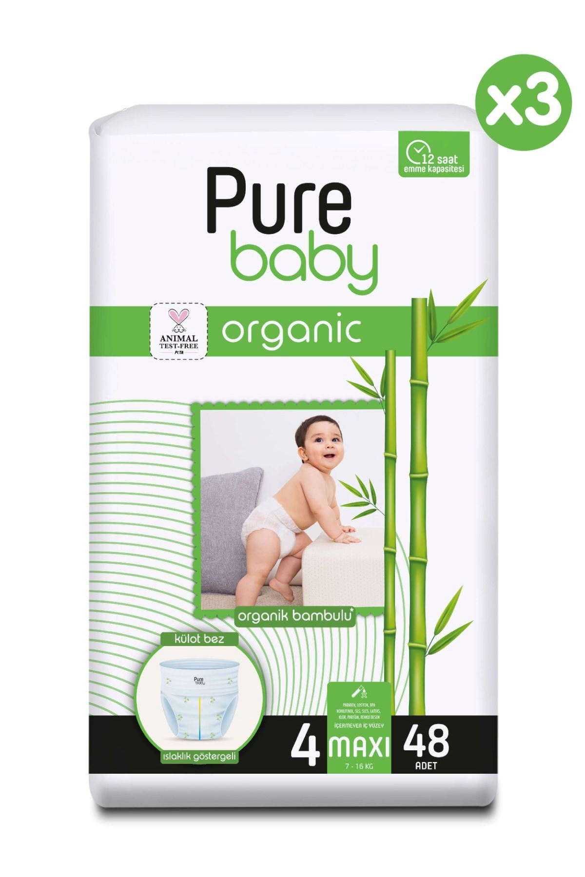Pure Baby Organik Bambu Özlü Külot Bez 3'Lü Paket 4 Numara Maxi 144 Adet