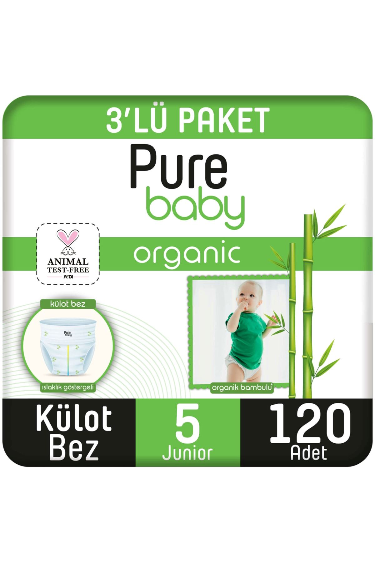 Pure Baby Organik Bambu Özlü Külot Bez 3'Lü Paket 5 Numara Junior 120 Adet
