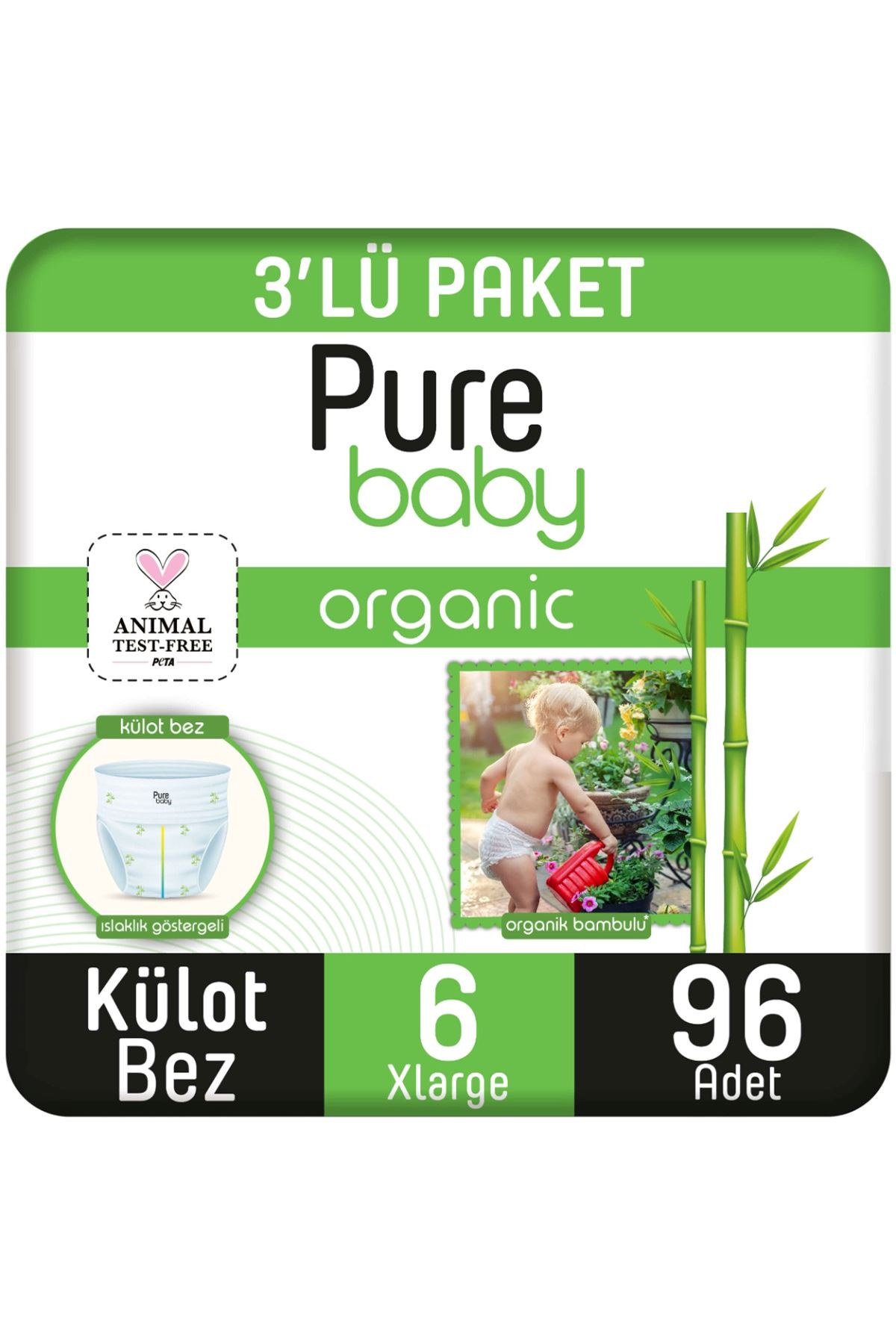 Pure Baby Organik Bambu Özlü Külot Bez 3'Lü Paket 6 Numara Xlarge 96 Adet