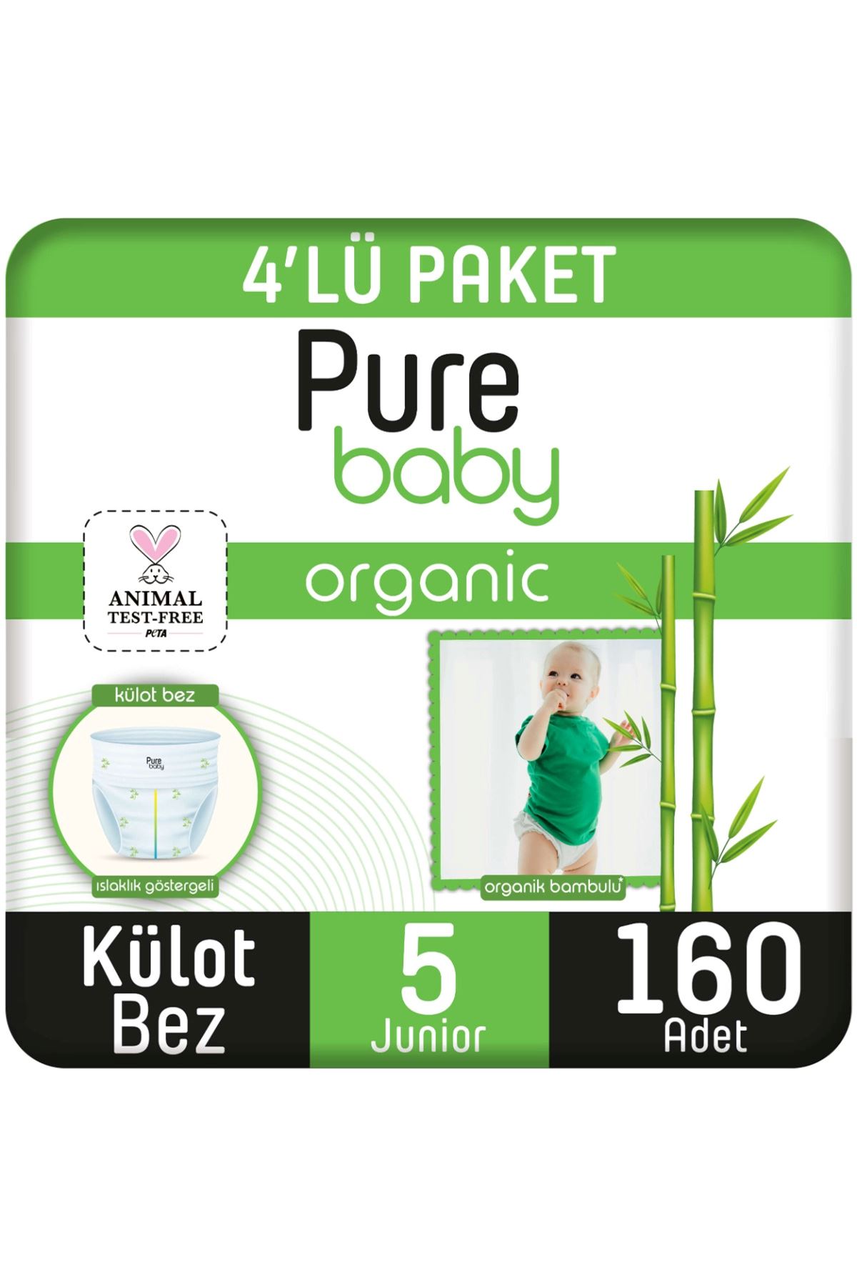 Pure Baby Organik Bambu Özlü Külot Bez 4'Lü Paket 5 Numara Junior 160 Adet