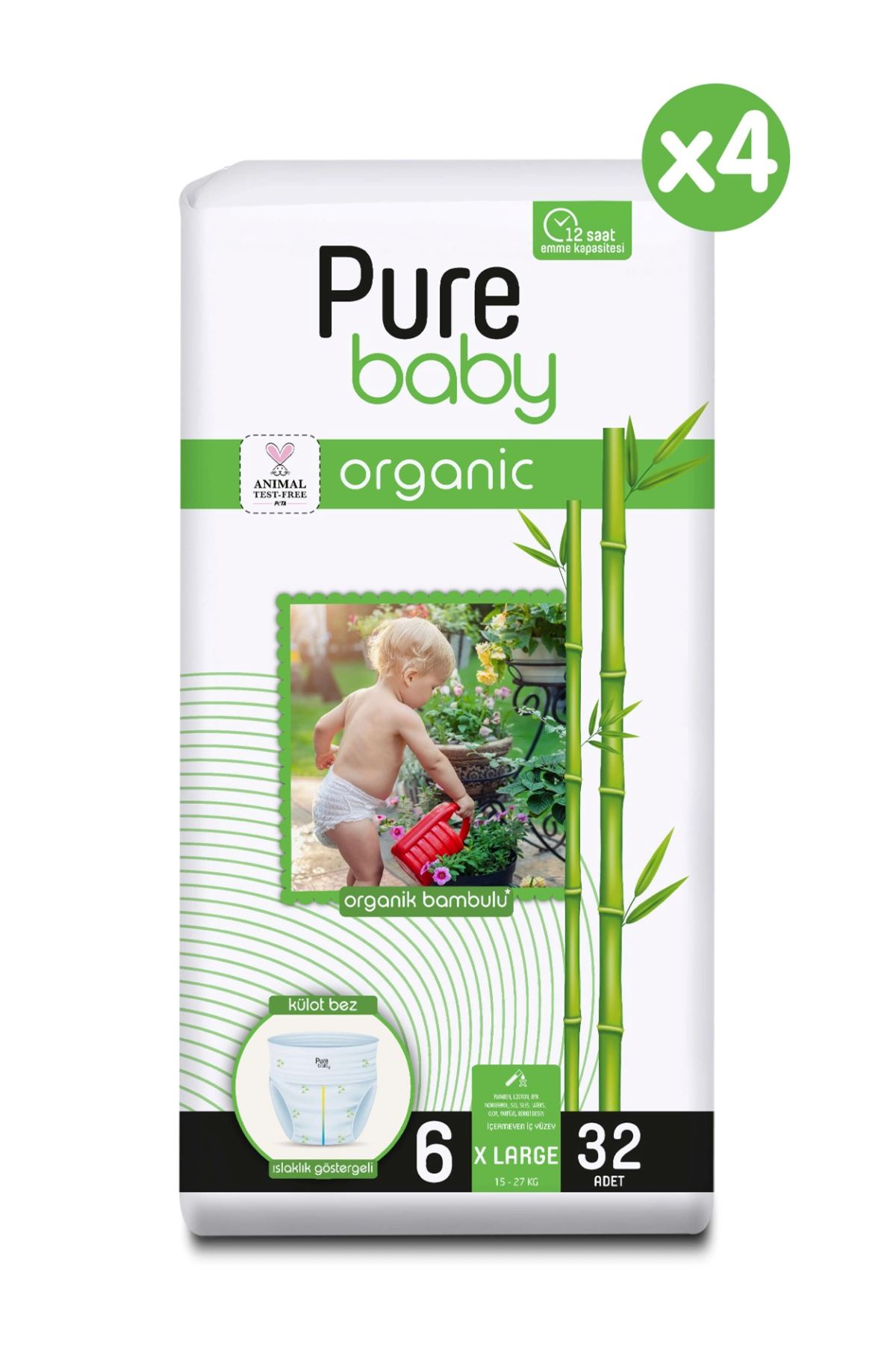 Pure Baby Organik Bambu Özlü Külot Bez 4'Lü Paket 6 Numara Xlarge 128 Adet
