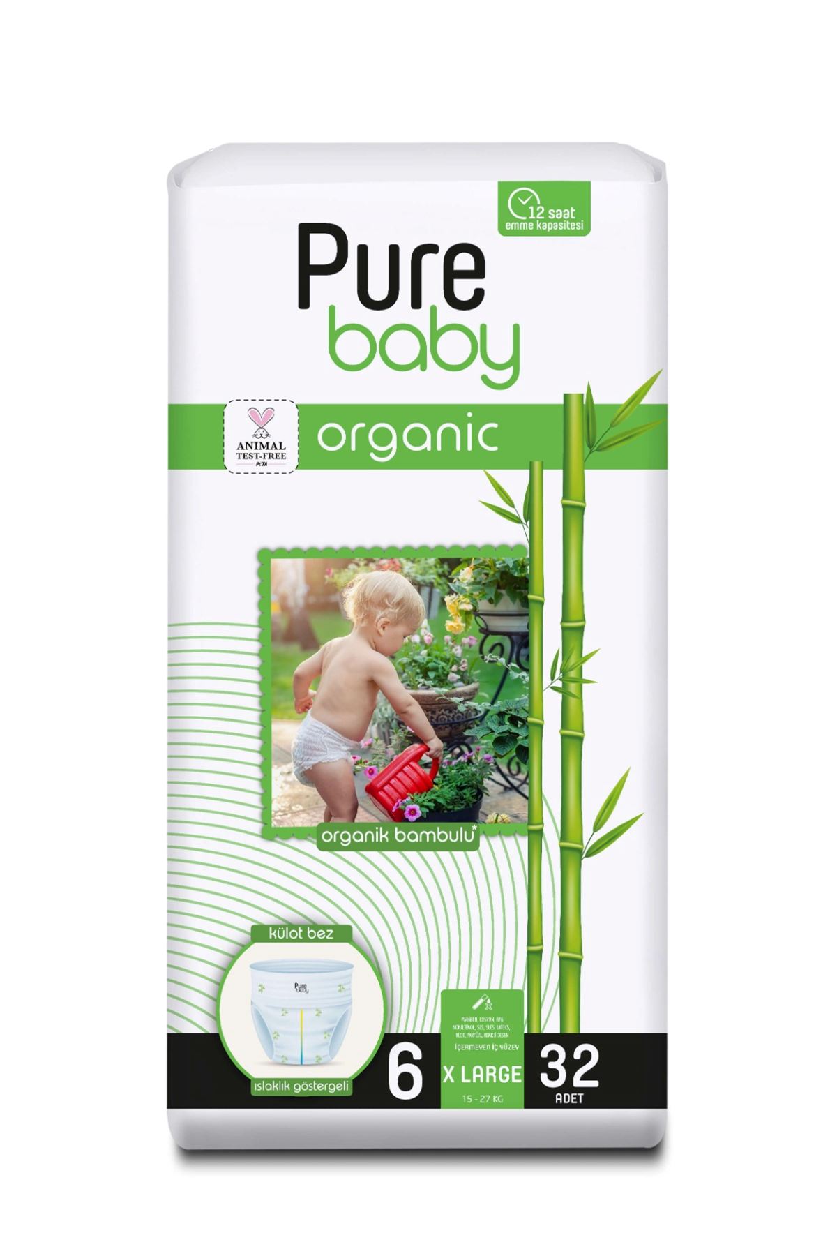 Pure Baby Organik Bambu Özlü Külot Bez Tekli Paket 6 Numara Xlarge 32 Adet