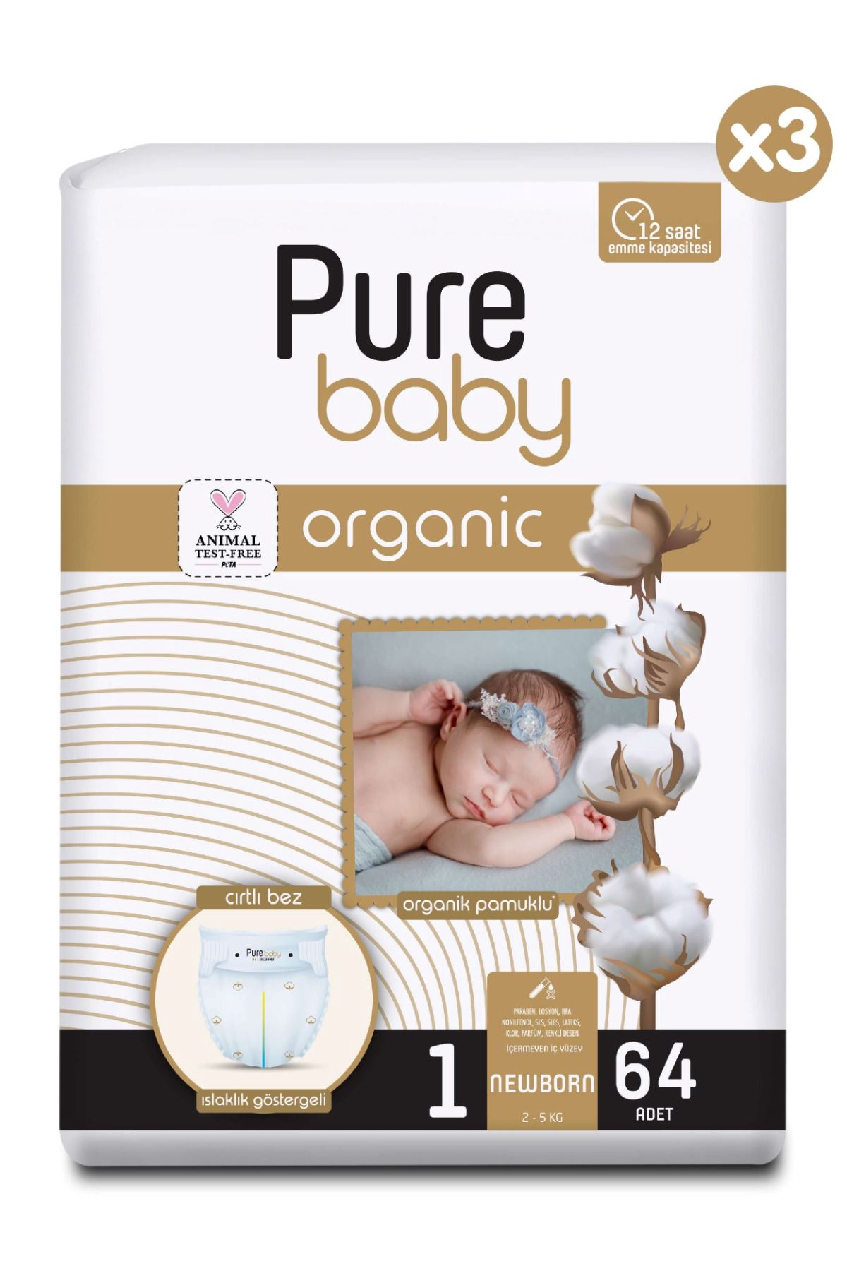 Pure Baby Organik Pamuklu Cırtlı Bez 3'Lü Paket 1 Numara Yenidogan 192 Adet