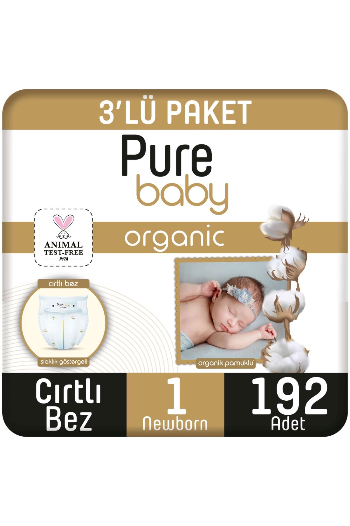 Pure Baby Organik Pamuklu Cırtlı Bez 3'Lü Paket 1 Numara Yenidogan 192 Adet