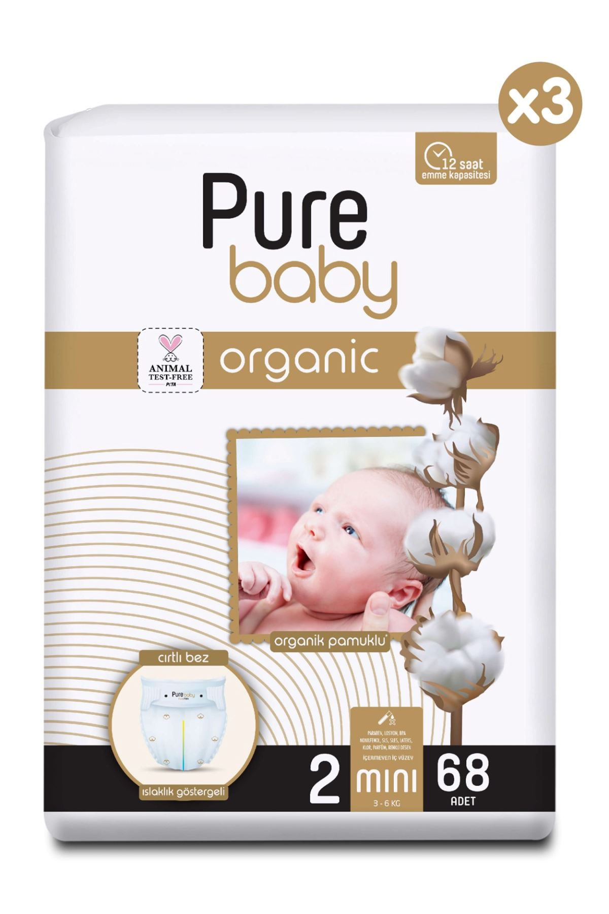 Pure Baby Organik Pamuklu Cırtlı Bez 3'Lü Paket 2 Numara Mini 204 Adet