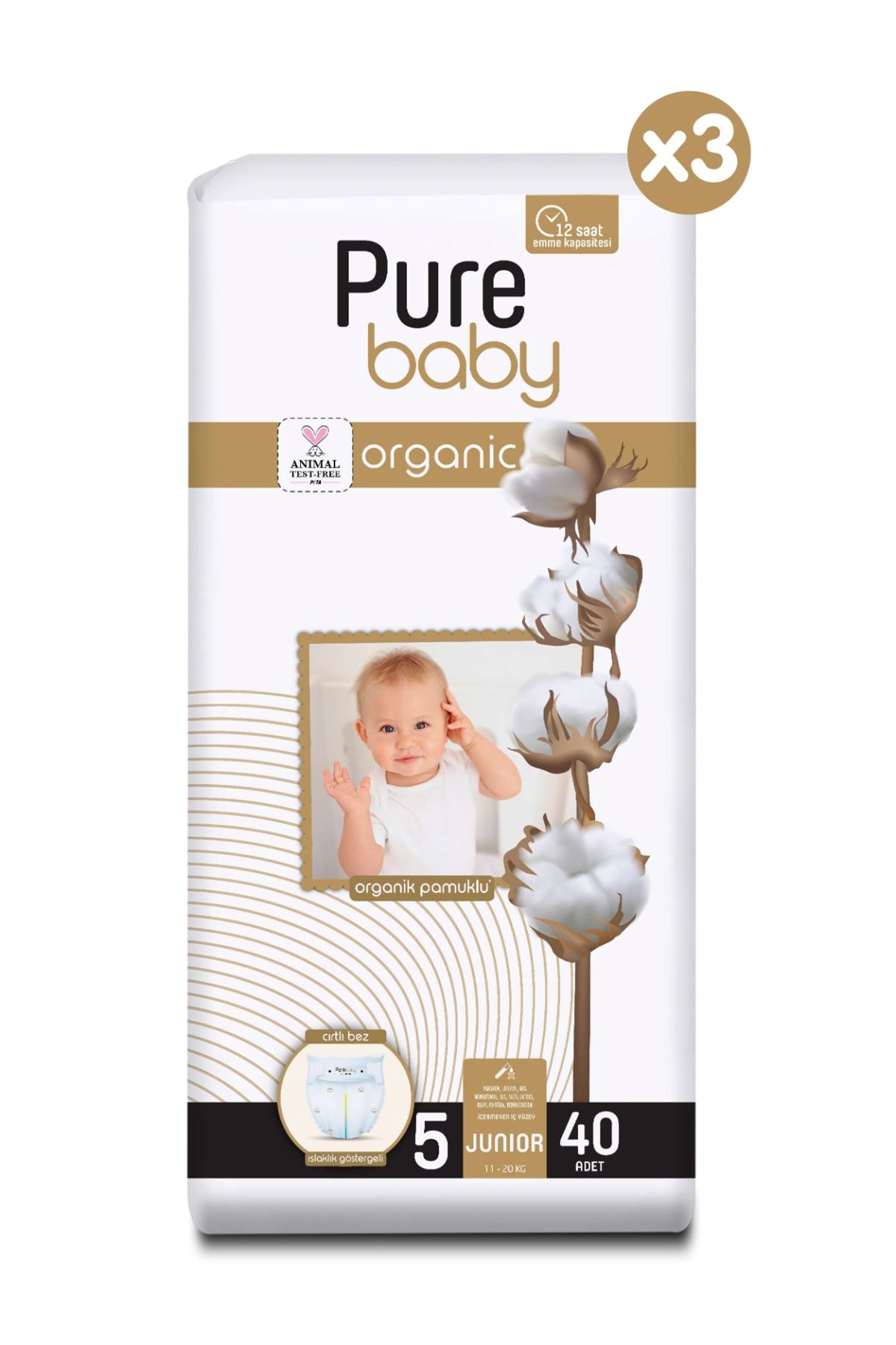 Pure Baby Organik Pamuklu Cırtlı Bez 3'Lü Paket 5 Numara Junior 120 Adet