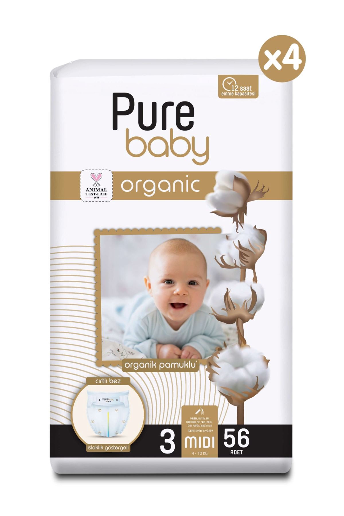 Pure Baby Organik Pamuklu Cırtlı Bez 4'Lü Paket 3 Numara Midi 224 Adet