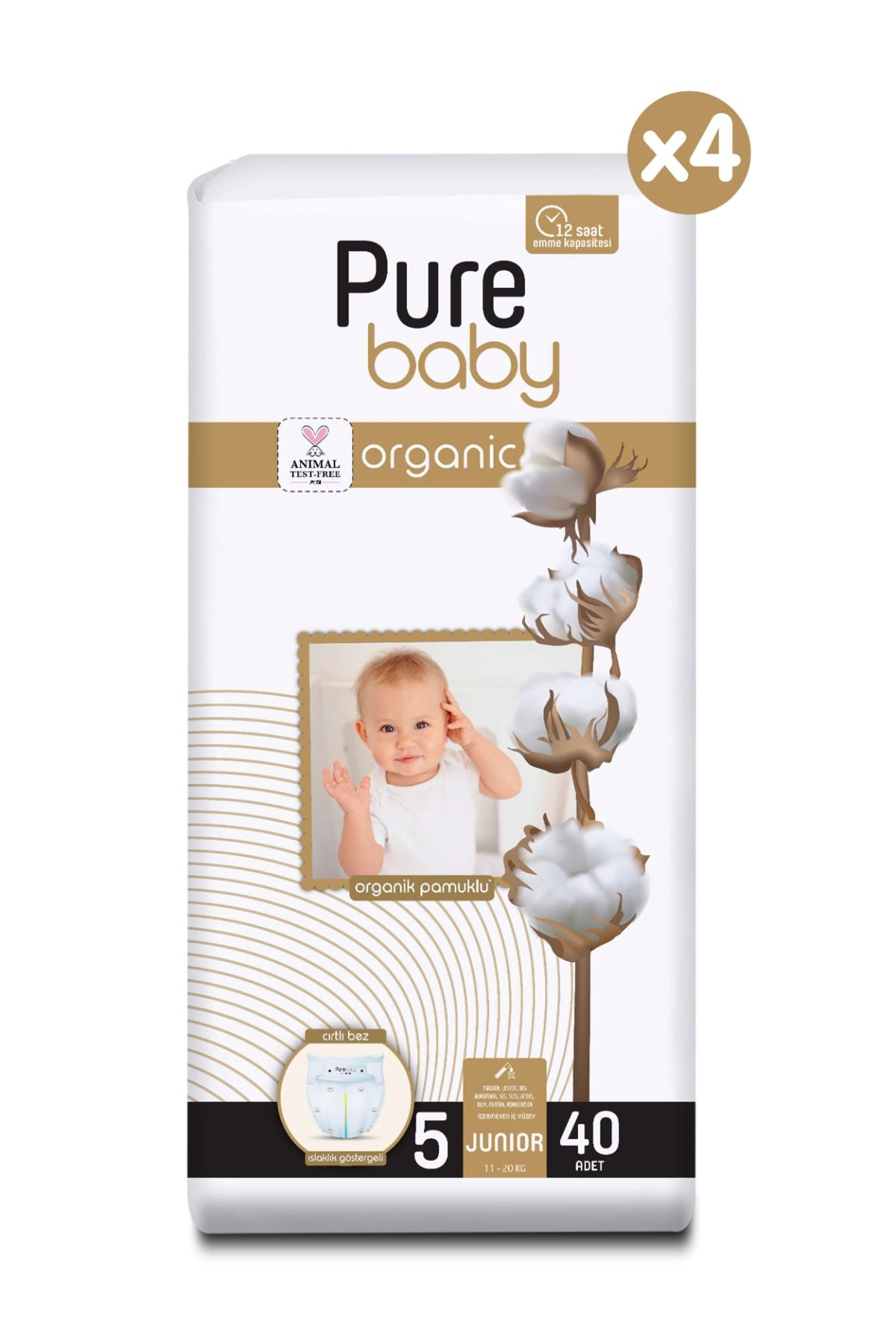 Pure Baby Organik Pamuklu Cırtlı Bez 4'Lü Paket 5 Numara Junior 160 Adet