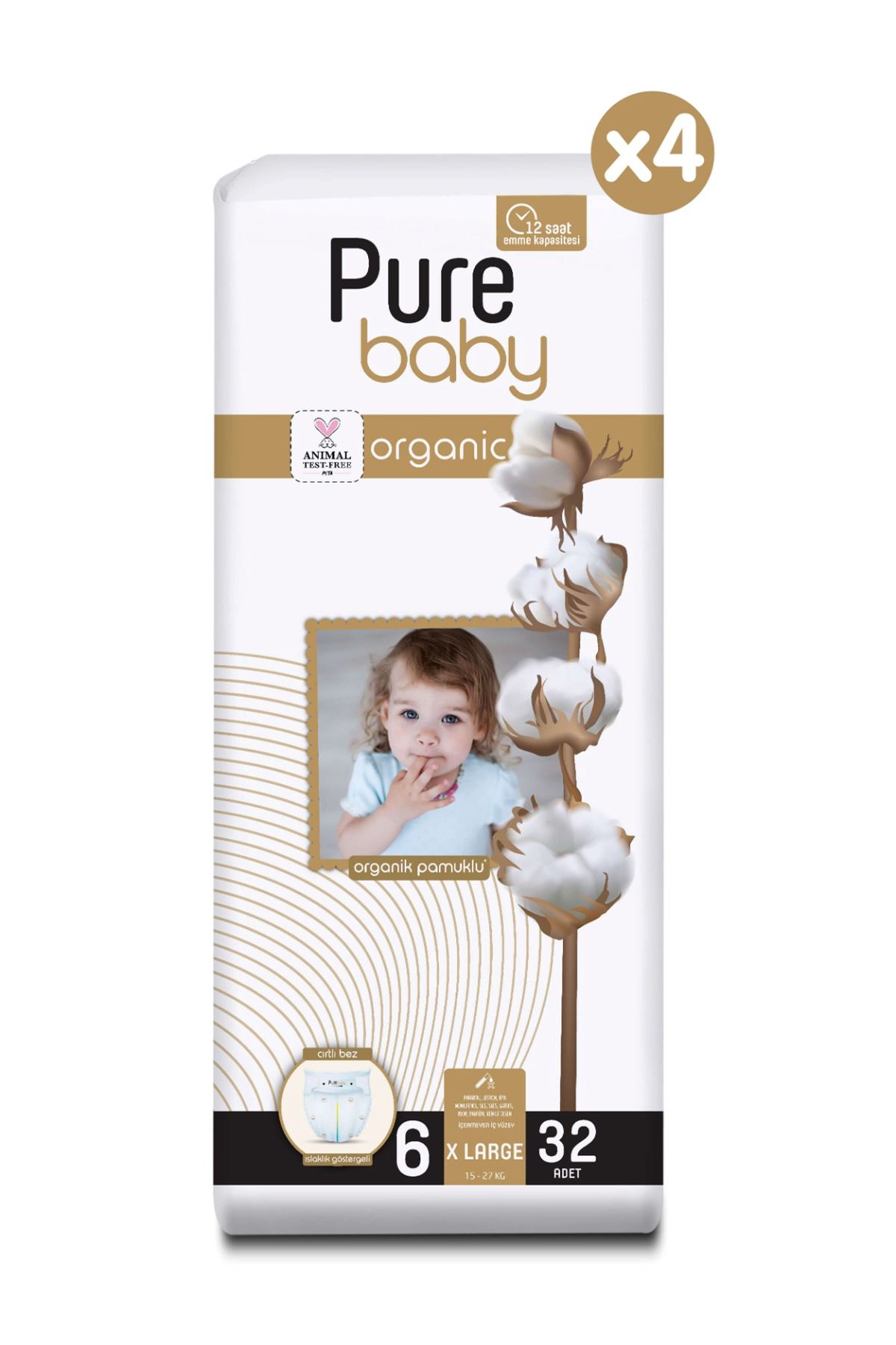 Pure Baby Organik Pamuklu Cırtlı Bez 4'Lü Paket 6 Numara Xlarge 128 Adet