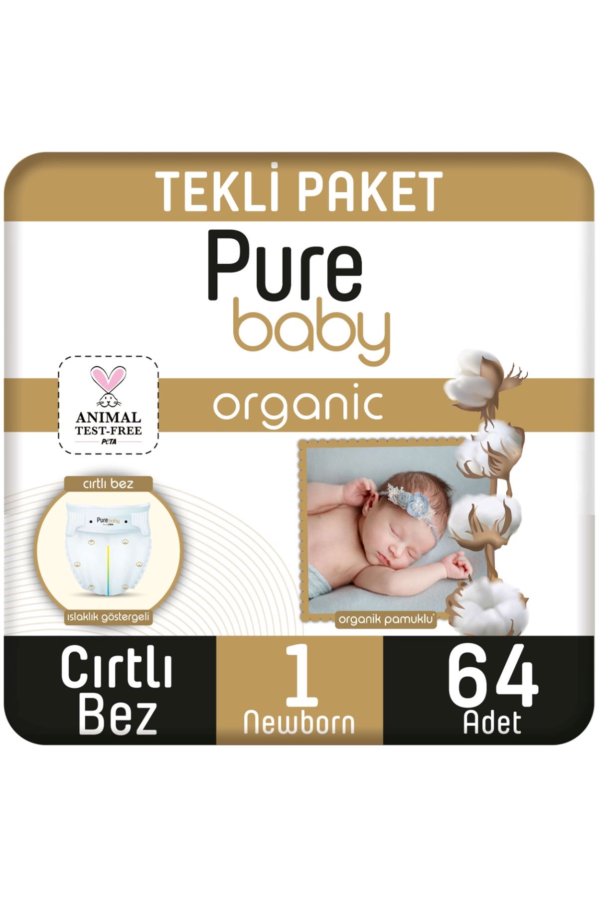Pure Baby Organik Pamuklu Cırtlı Bez Tekli Paket 1 Numara Yenidogan 64 Adet
