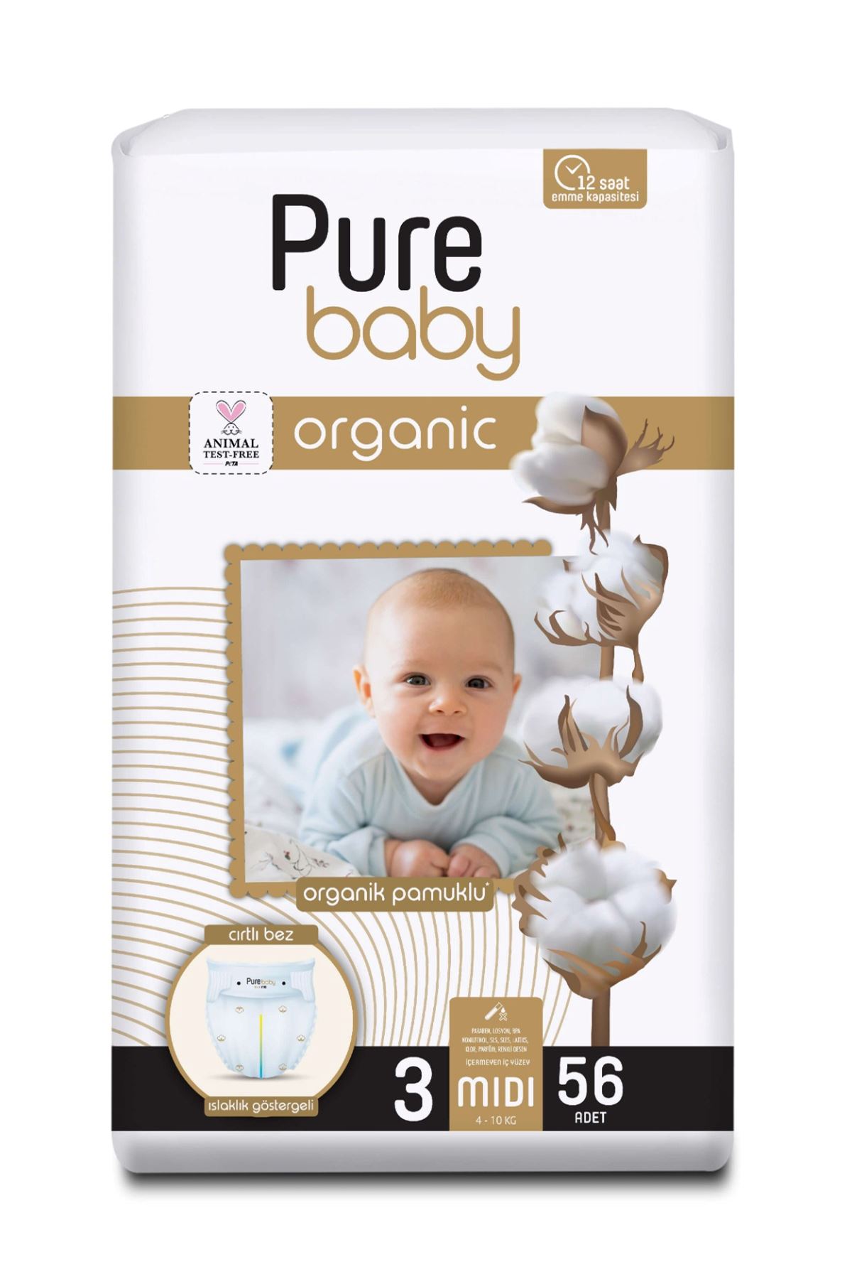Pure Baby Organik Pamuklu Cırtlı Bez Tekli Paket 3 Numara Midi 56 Adet