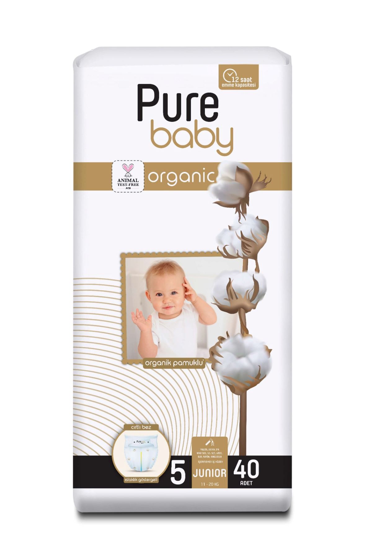 Pure Baby Organik Pamuklu Cırtlı Bez Tekli Paket 5 Numara Junior 40 Adet