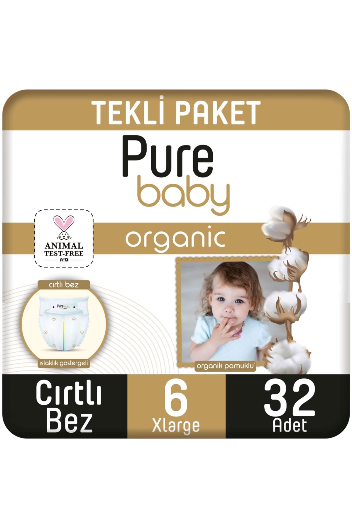 Pure Baby Organik Pamuklu Cırtlı Bez Tekli Paket 6 Numara Xlarge 32 Adet