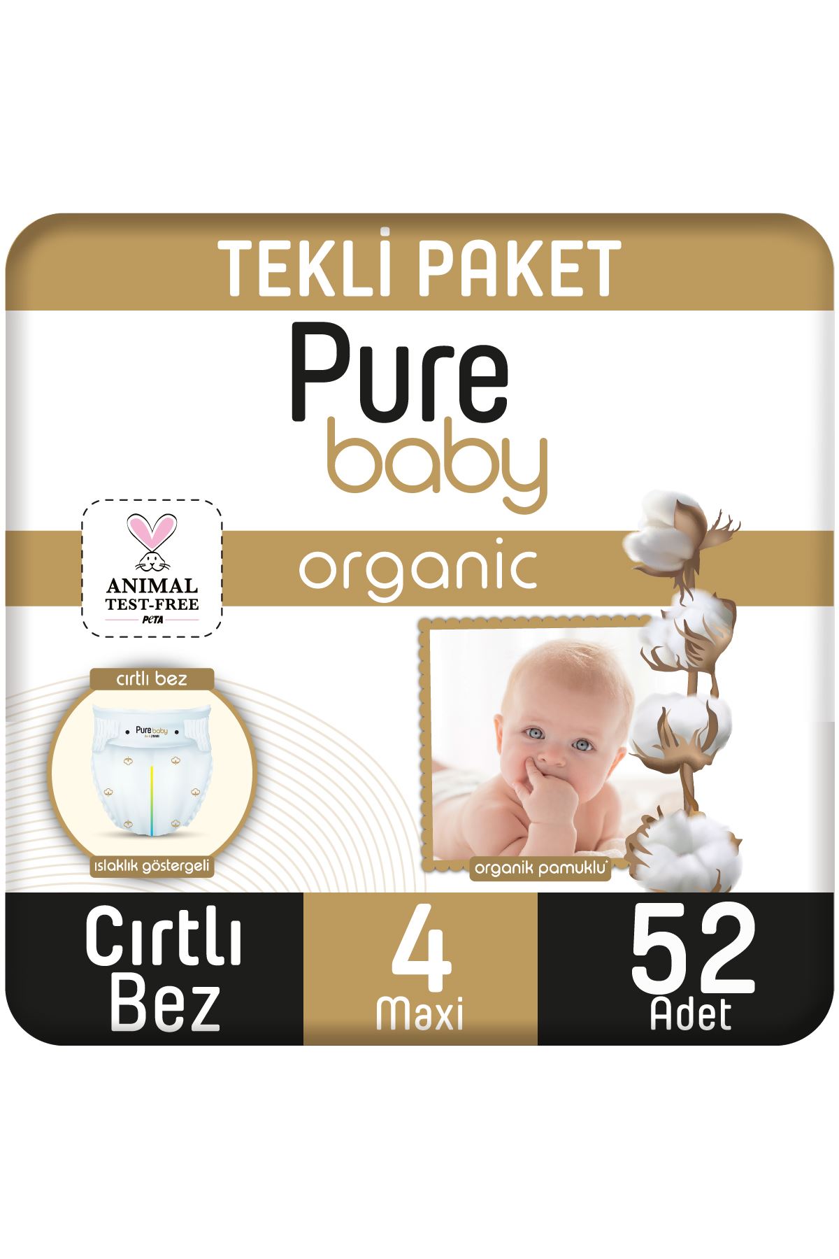 Pure Baby Organik Pamuklu Cırtlı Bez Tekli Paket 4 Numara Maxi 52 Adet