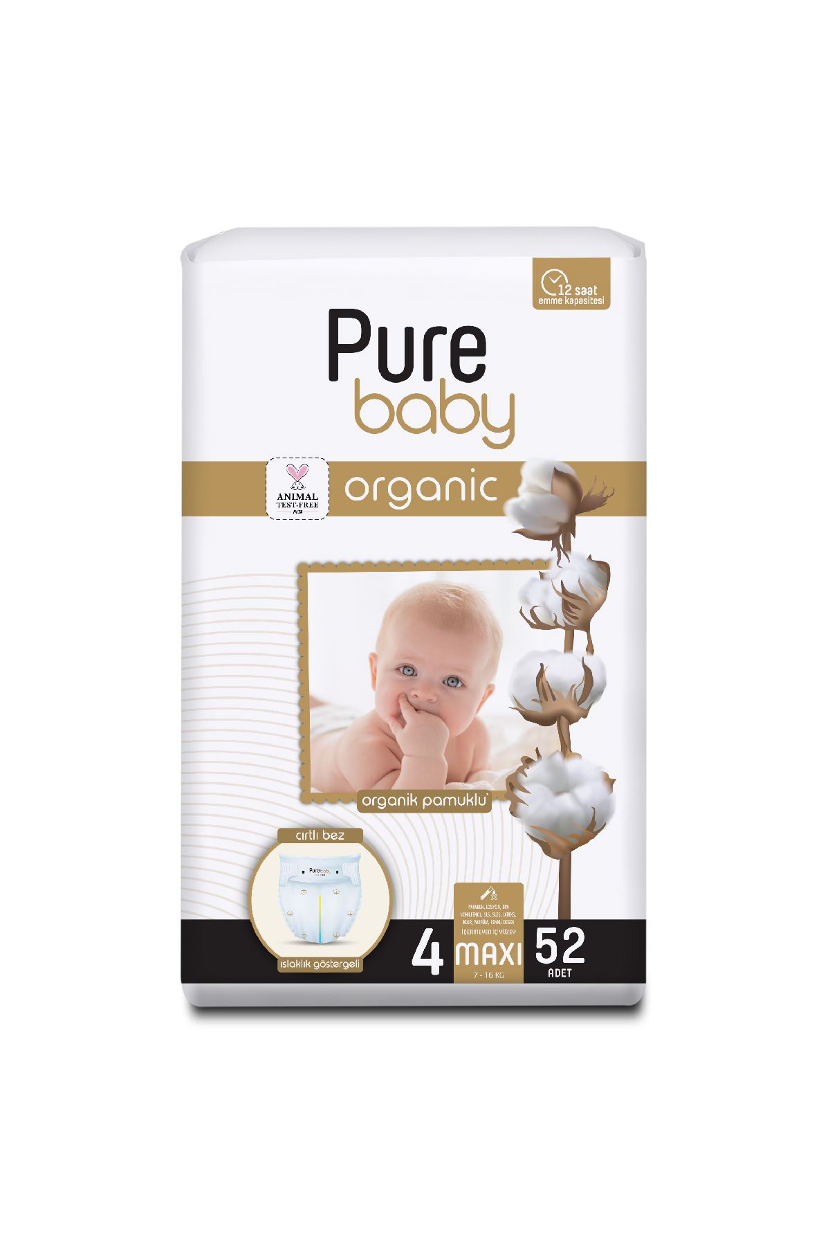 Pure Baby Organik Pamuklu Cırtlı Bez Tekli Paket 4 Numara Maxi 52 Adet