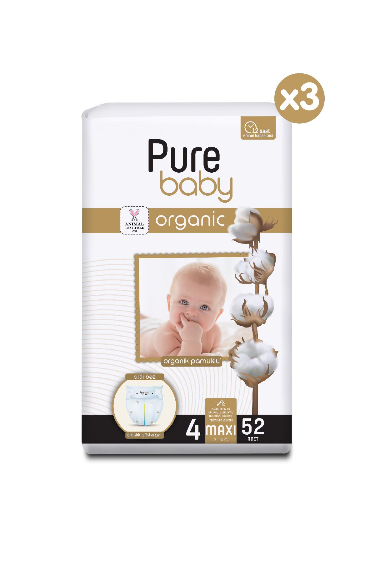 Pure Baby Organik Pamuklu Cırtlı Bez 3'Lü Paket 4 Numara Maxi 156 Adet
