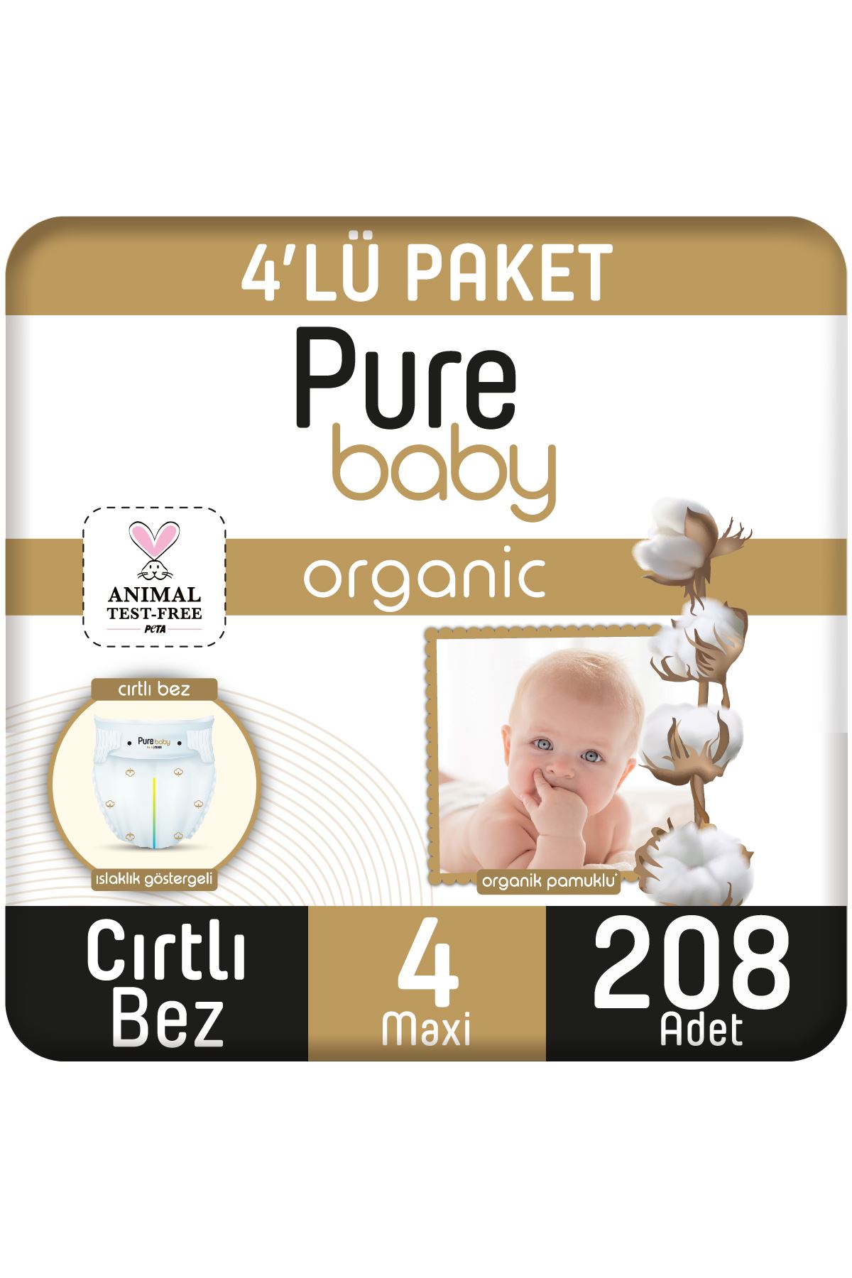Pure Baby Organik Pamuklu Cırtlı Bez 4'Lü Paket 4 Numara Maxi 208 Adet