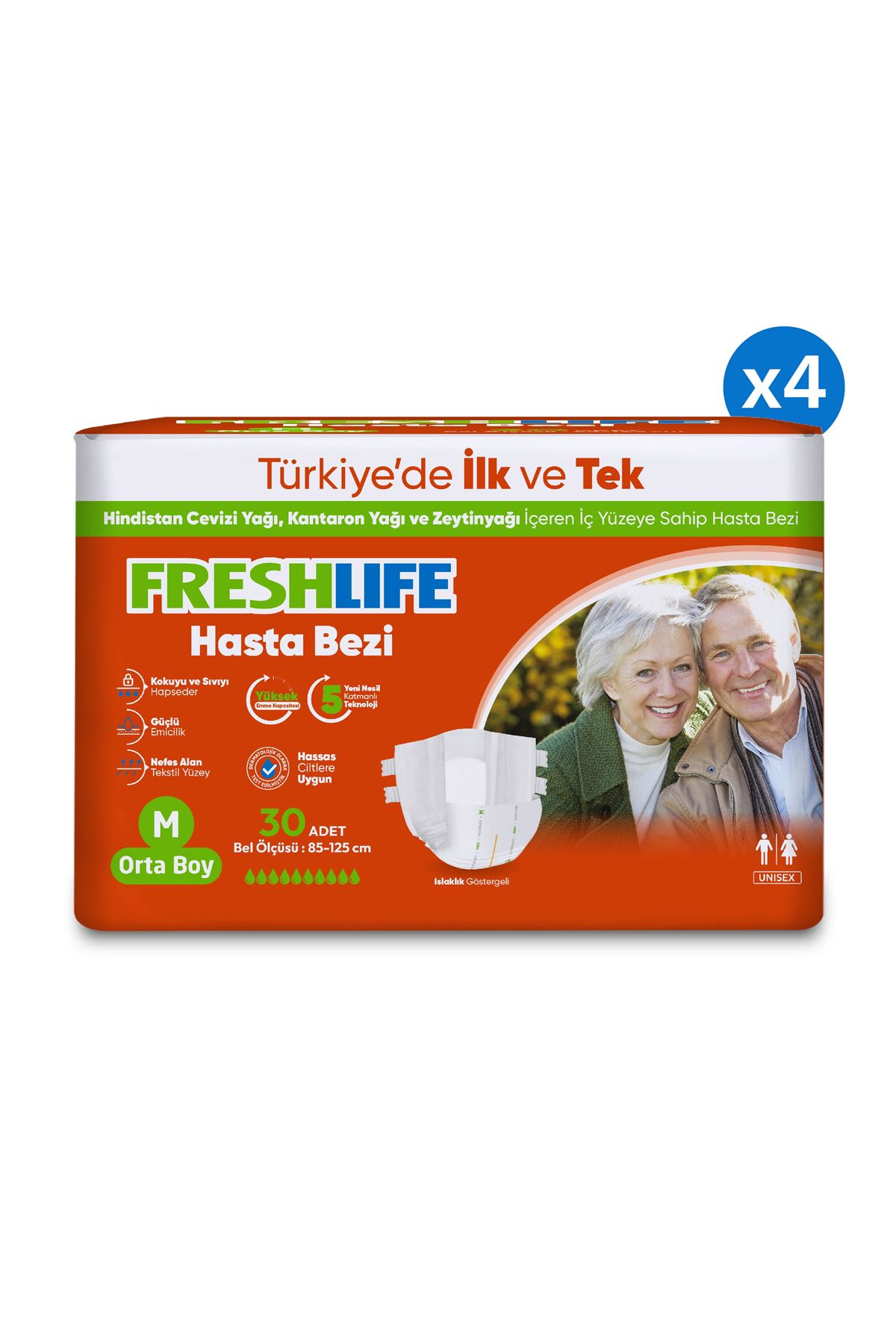 4'lü Freshlife Medium Bel Bantlı Yetişkin Hasta Bezi 30x4 (120 Adet)