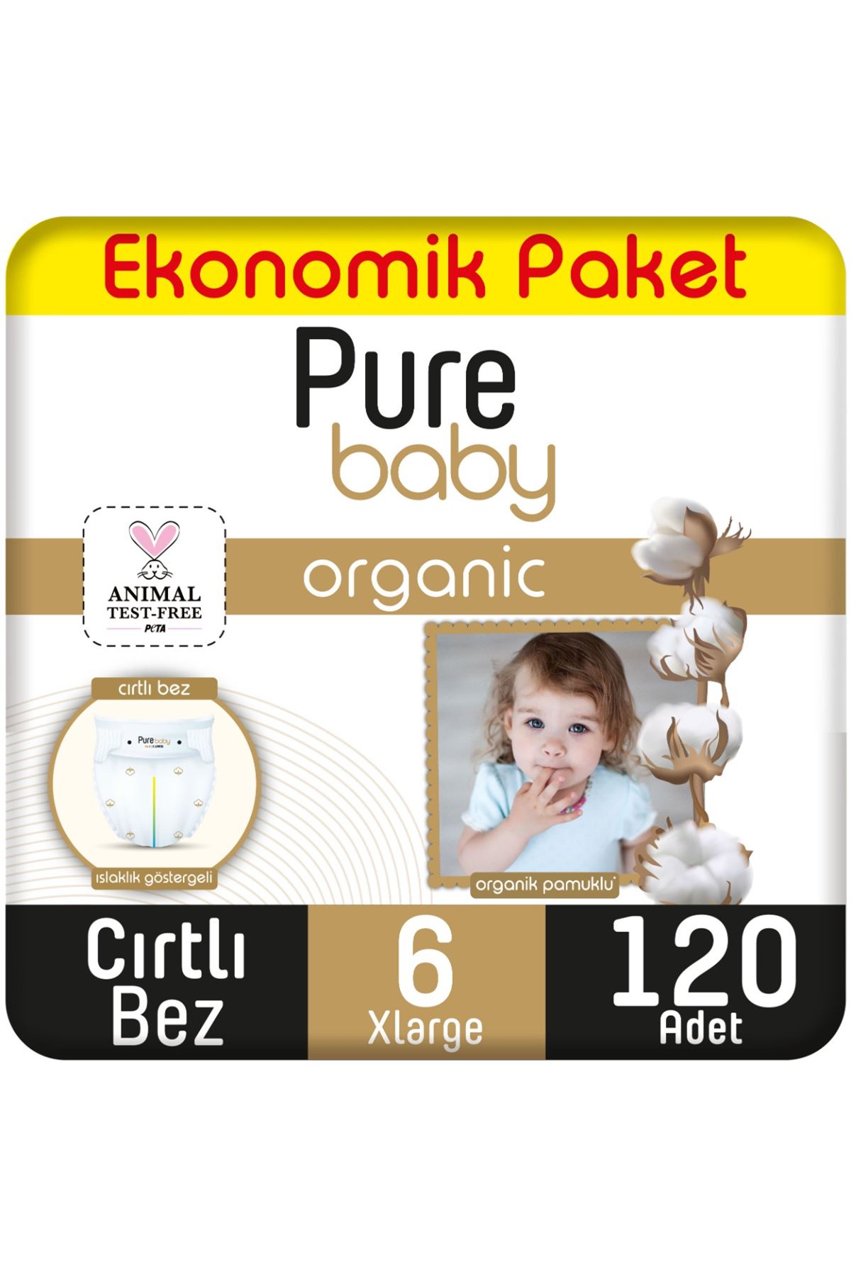 Pure Baby Organik Pamuklu Cırtlı Bez Ekonomik Paket 6 Numara Xlarge 120 Adet
