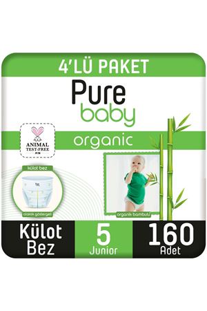 Pure Baby Organik Bambu Özlü Külot Bez 4'Lü Paket 5 Numara Junior 160 Adet