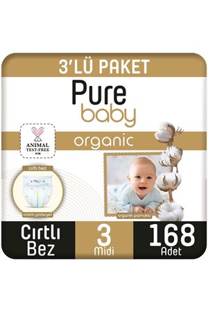Pure Baby Organik Pamuklu Cırtlı Bez 3'Lü Paket 3 Numara Midi 168 Adet