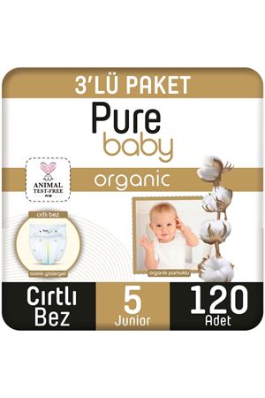 Pure Baby Organik Pamuklu Cırtlı Bez 3'Lü Paket 5 Numara Junior 120 Adet