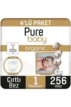 Pure Baby Organik Pamuklu Cırtlı Bez 4'Lü Paket 1 Numara Yenidogan 256 Adet
