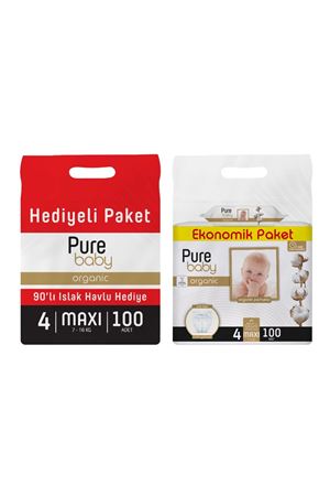 Pure Baby Organik Pamuklu Cırtlı Bez 4 Numara Maxi 100 Adet + Organik Pamuklu Islak Havlu 90 Yaprak