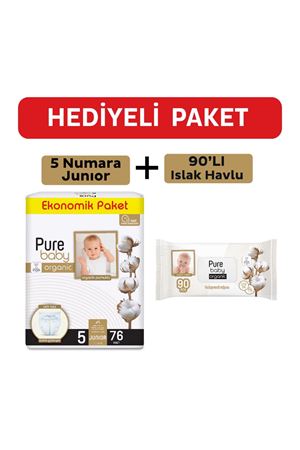 Pure Baby Organik Pamuklu Cırtlı Bez 5 Numara Junior 76 Adet + Organik Pamuklu Islak Havlu 90 Yaprak