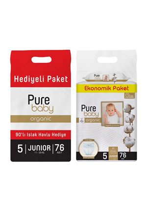 Pure Baby Organik Pamuklu Cırtlı Bez 5 Numara Junior 76 Adet + Organik Pamuklu Islak Havlu 90 Yaprak