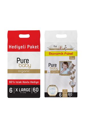 Pure Baby Organik Pamuklu Cırtlı Bez 6 Numara Xlarge 60 Adet + Organik Pamuklu Islak Havlu 90 Yaprak