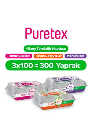 Puretex Yüzey Temizlik Havlusu Pembe Çiçekler+Turuncu Meyveler+Mor Bitkiler 3x100 (300 Yaprak)